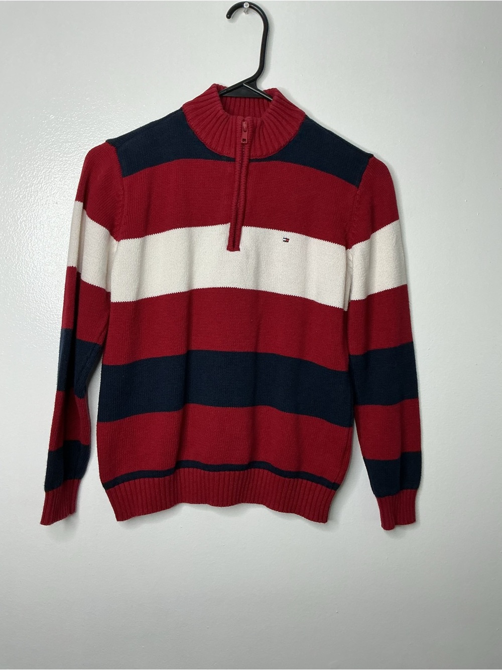 Tommy Hilfiger Men’s Red Navy White Striped Half-Zip Sweater